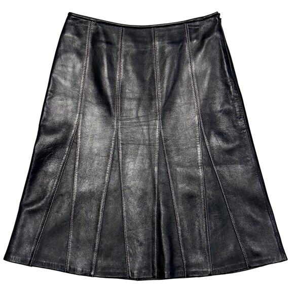 NWT Pink Contrast Stitch Pleated IN NAPPA Black Leather Skirt Size 2 Academia - Picture 1 of 11